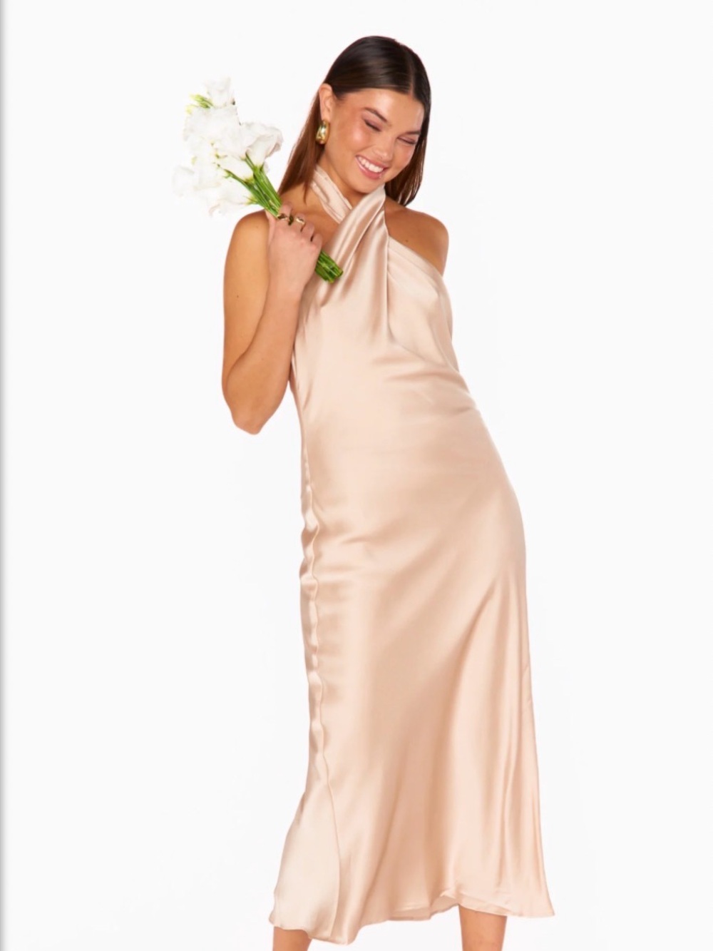 Satin Halter Midi Dress in Champagne